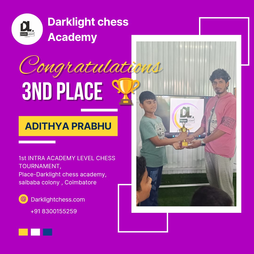 Adithya Prabhu – 3rd place, Intra Academy Chess Tournament
